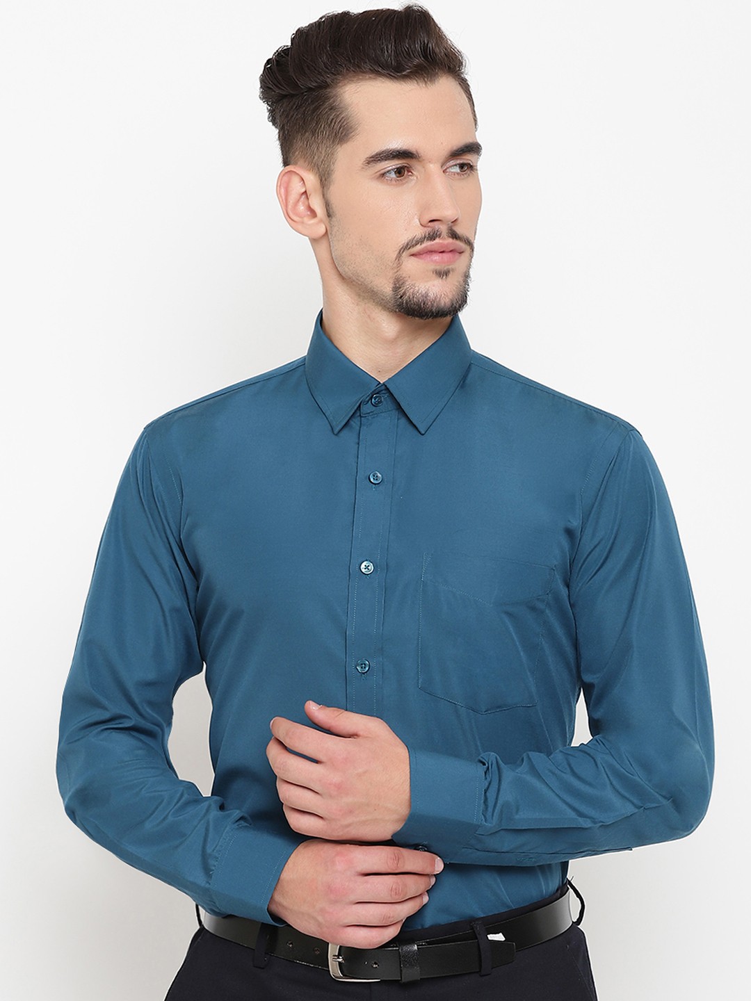 

English Navy Men Teal Blue Slim Fit Solid Formal Shirt