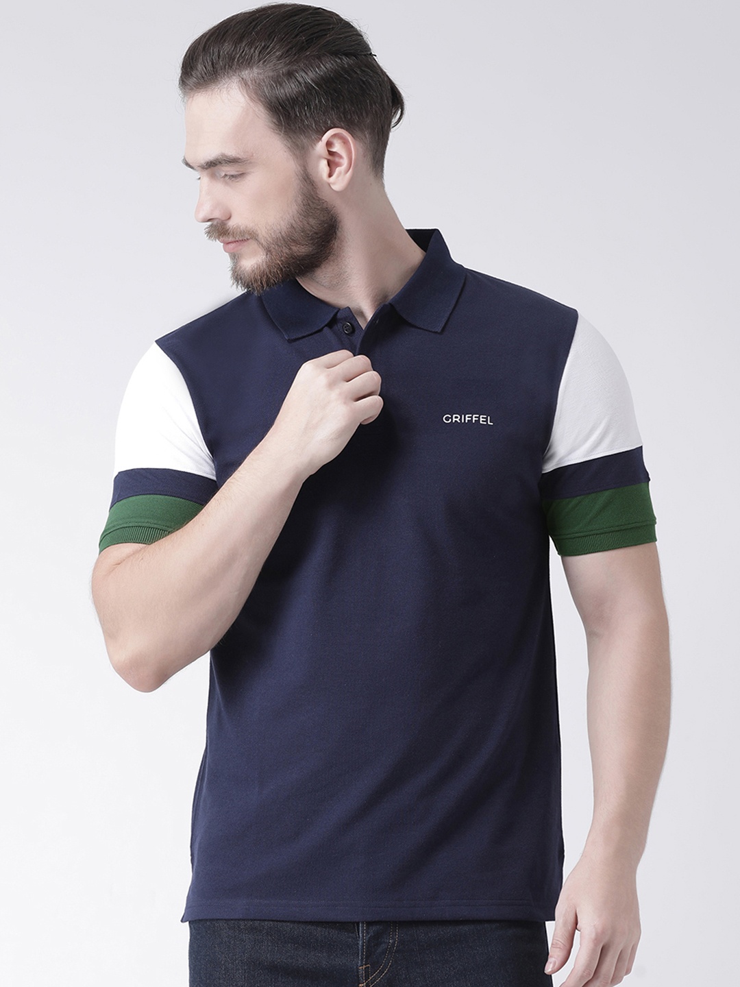 

GRIFFEL Men Navy Blue Solid Polo Collar T-shirt