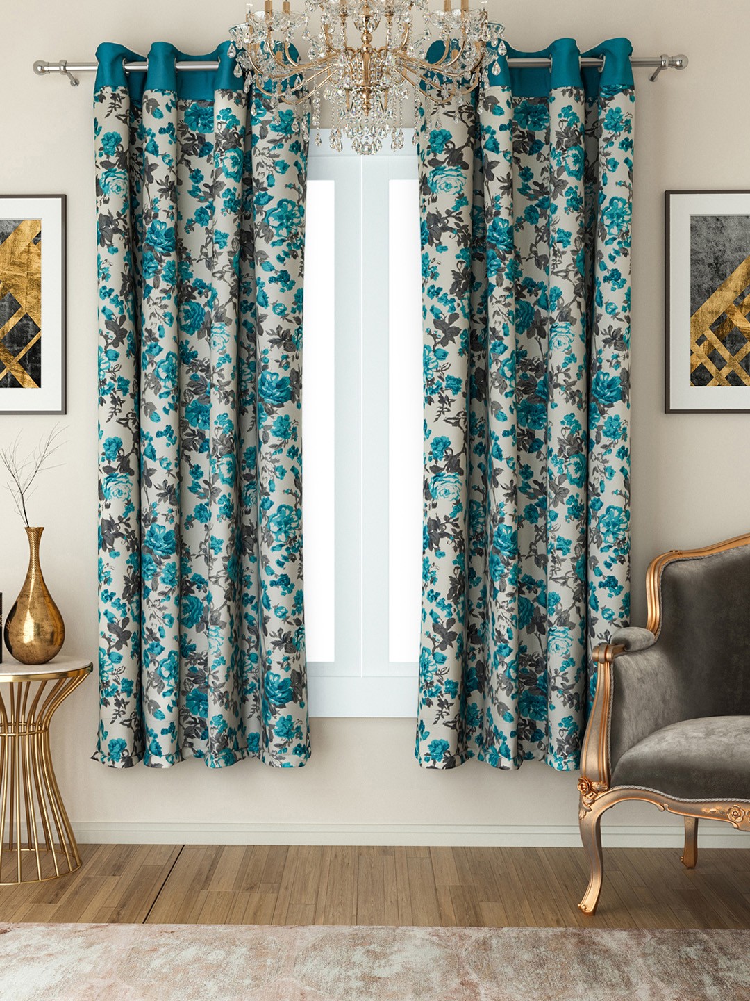 

SWAYAM Turquoise Blue & Off-White Set of 2 Window Curtains
