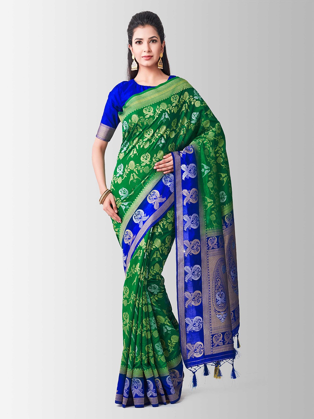 

MIMOSA Green & Blue Art Silk Woven Design Kanjeevaram Saree