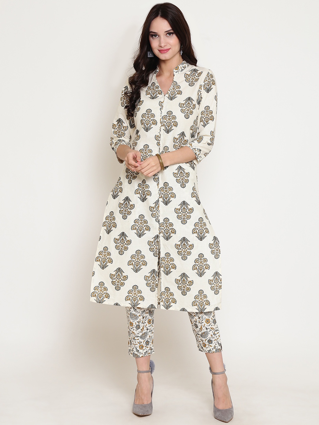 

Sera Women Off-White & Grey Printed Straight Kurta
