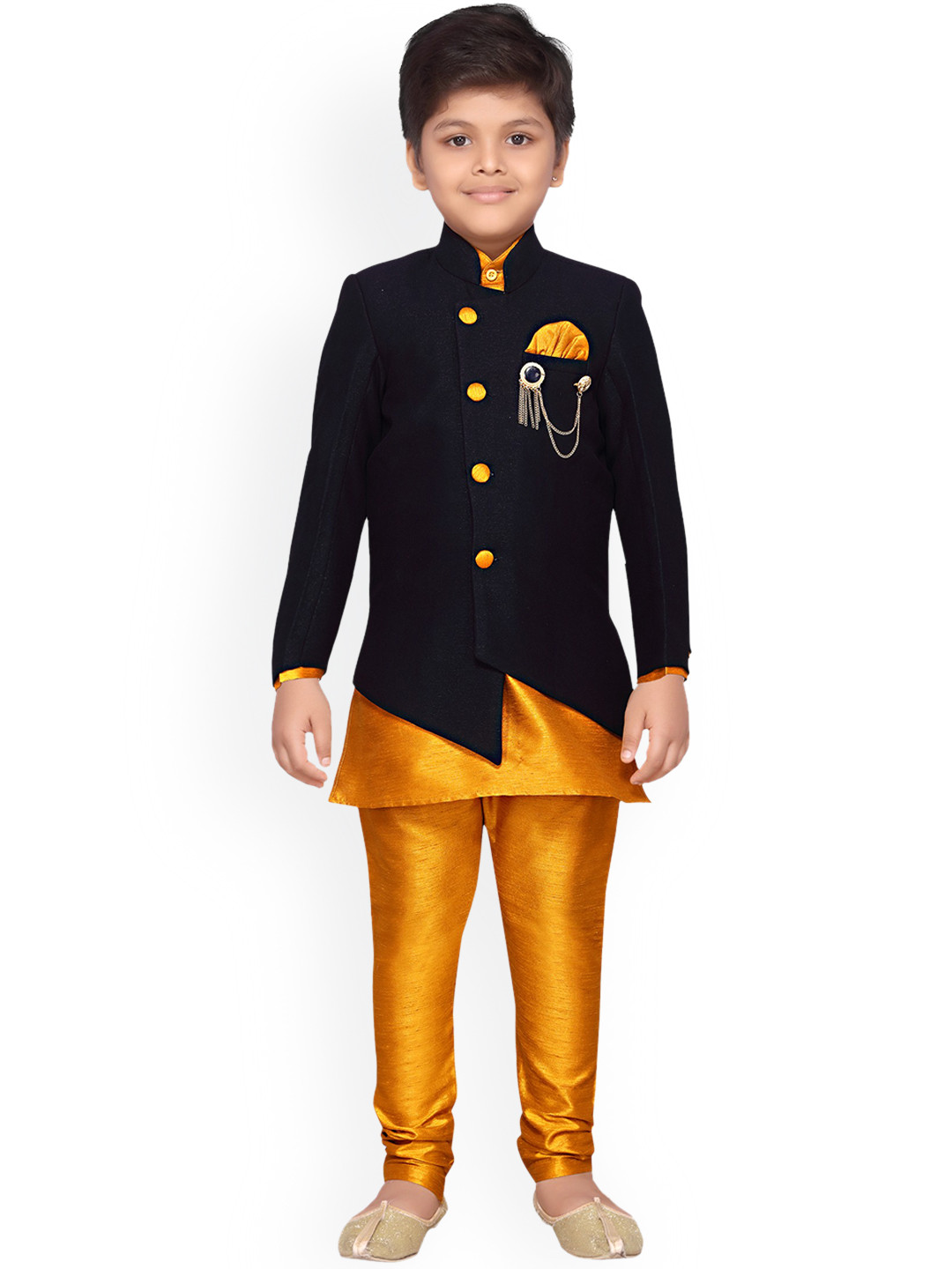 

Aj DEZInES Boys Black & Yellow Solid Sherwani Set