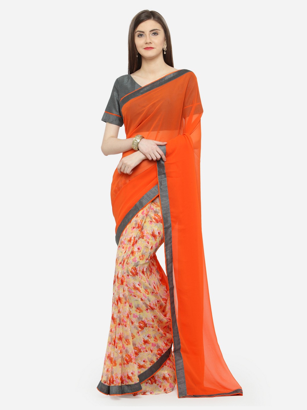 

Shaily Orange Printed Pure Georgette Saree