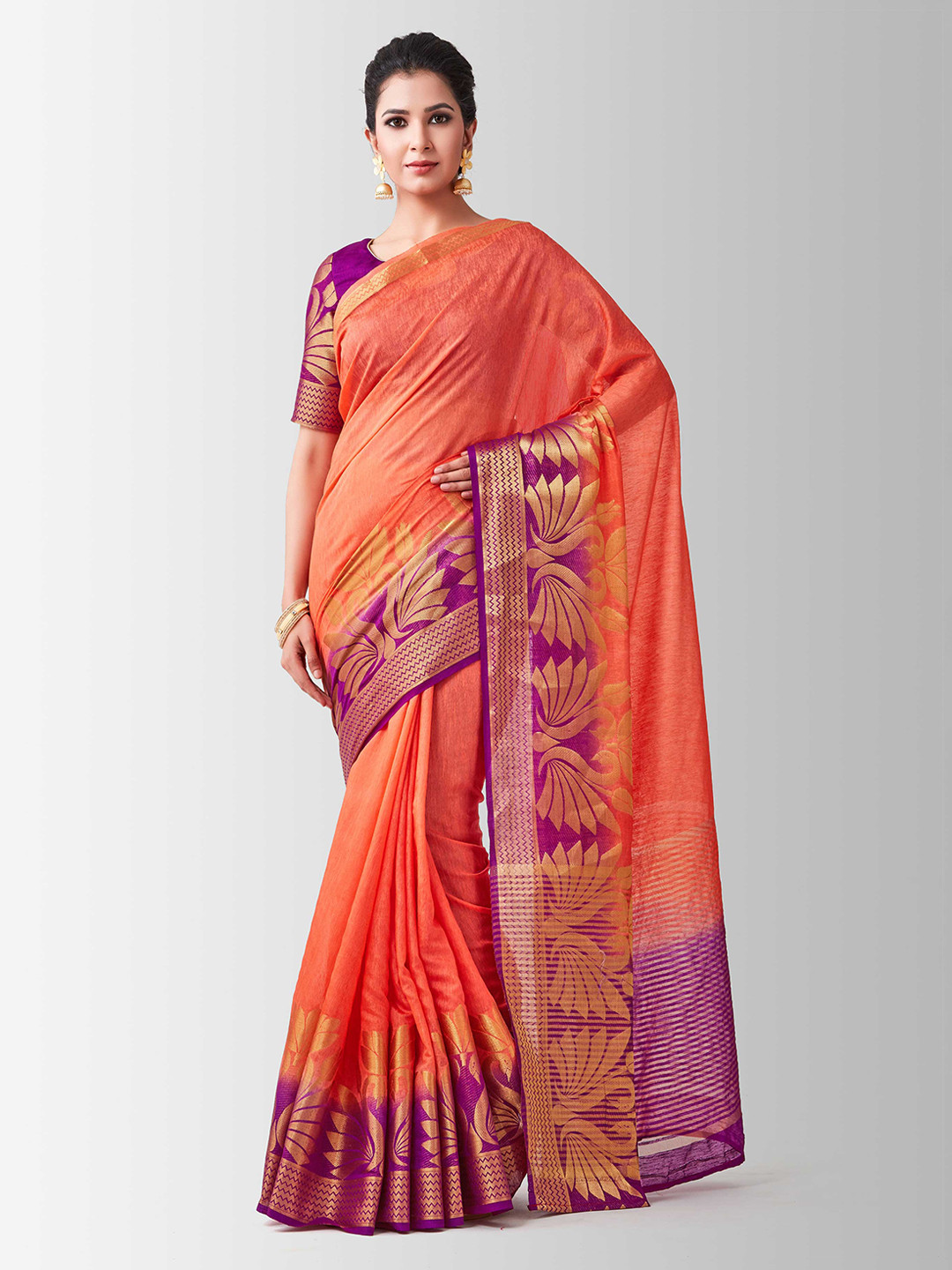 

MIMOSA Orange Linen Blend Woven Design Kanjeevaram Saree
