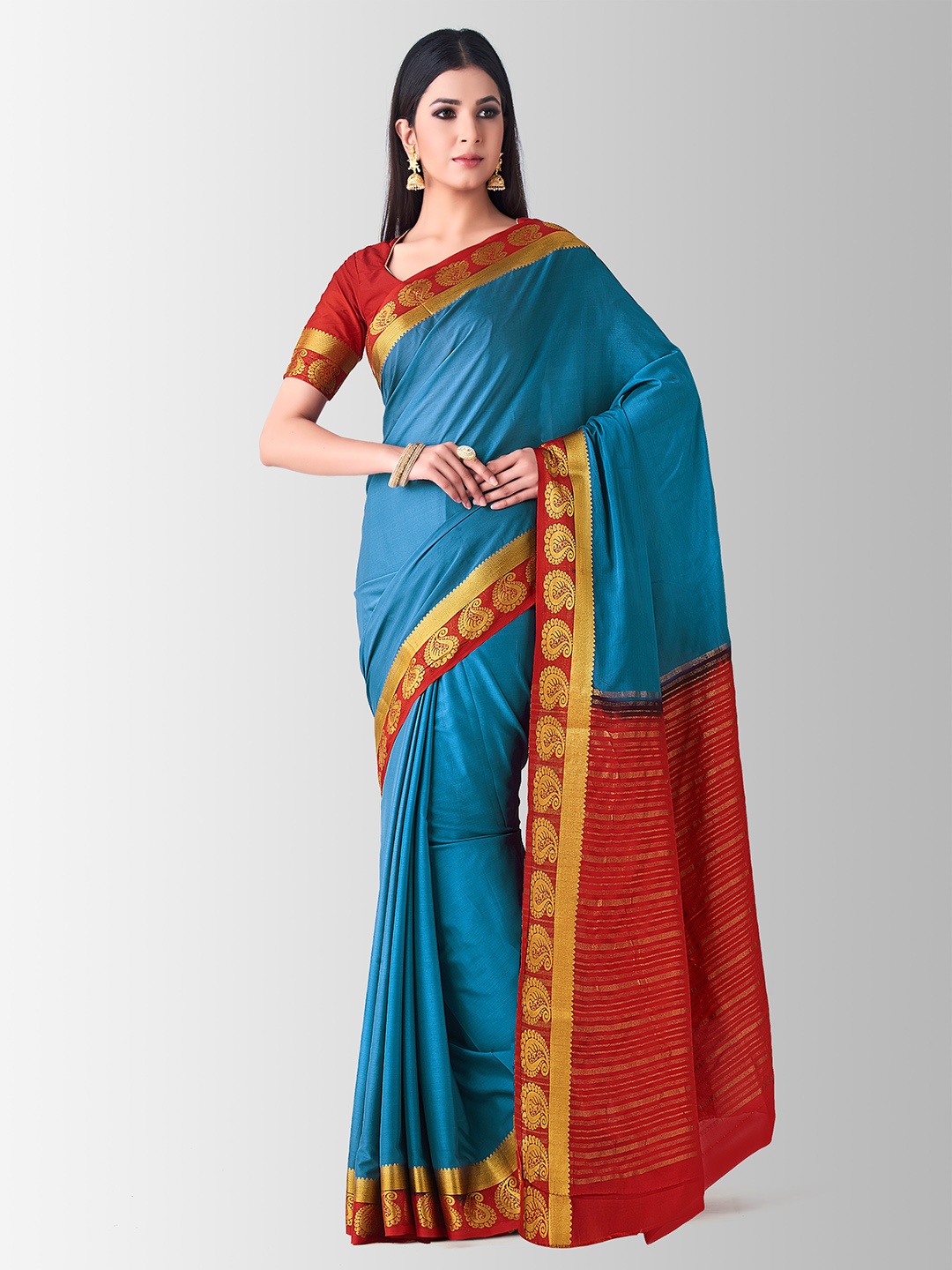 

MIMOSA Teal Poly Crepe Woven Design Mysore Silk Saree