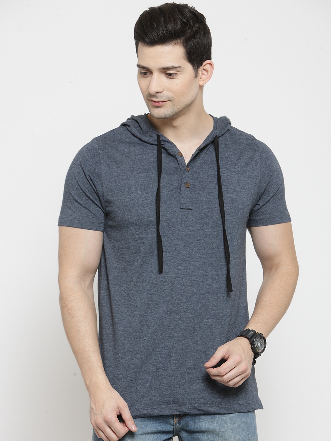 Kalt Men Grey Solid Hood T-shirt