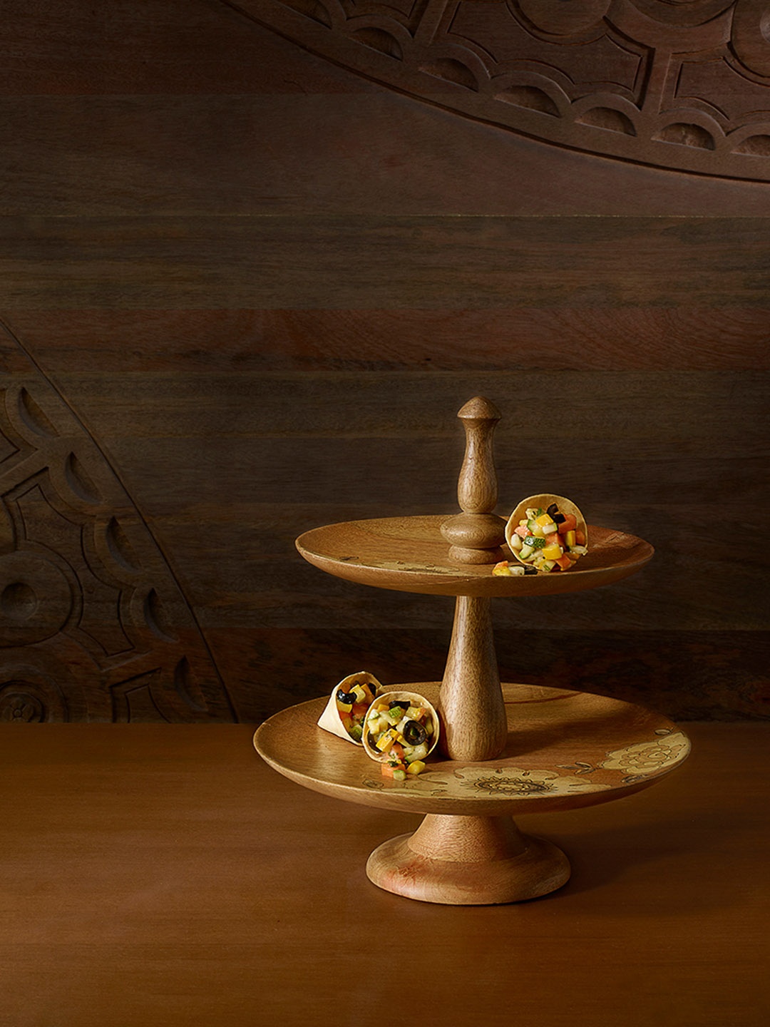 

ellementry Brown Printed Wooden Cake Stand