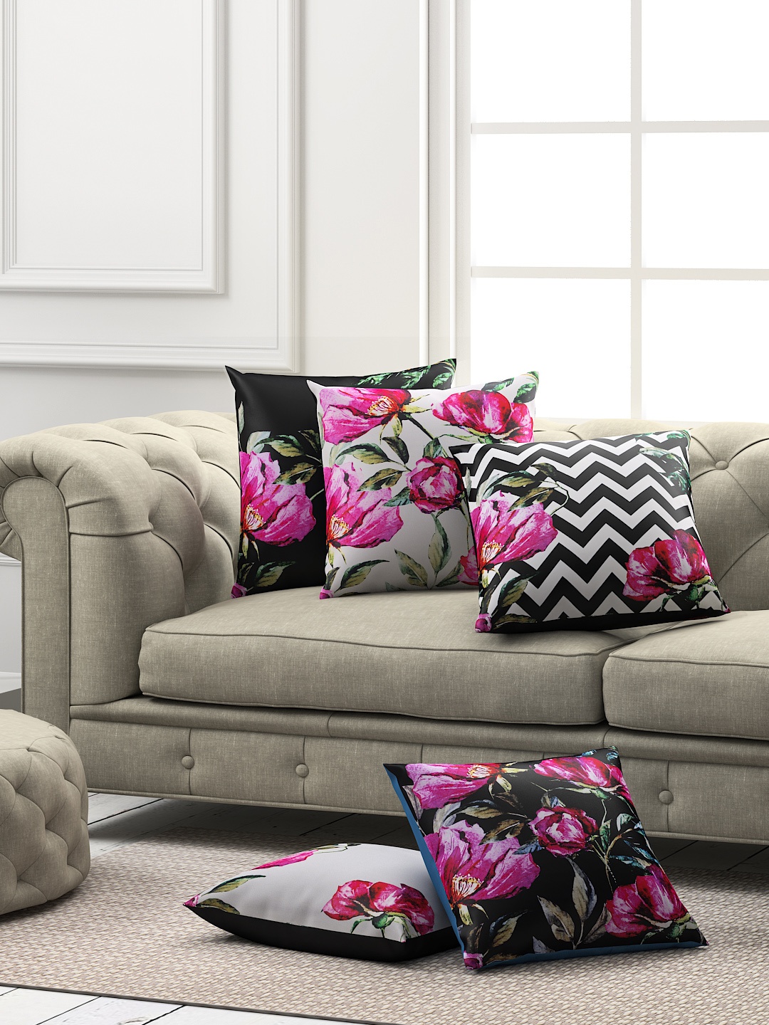 SEJ by Nisha Gupta Set of 5 Printed Square Cushion Covers, Black