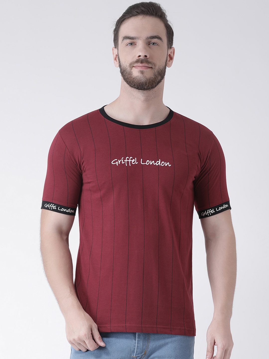 

GRIFFEL Men Maroon Striped Round Neck T-shirt