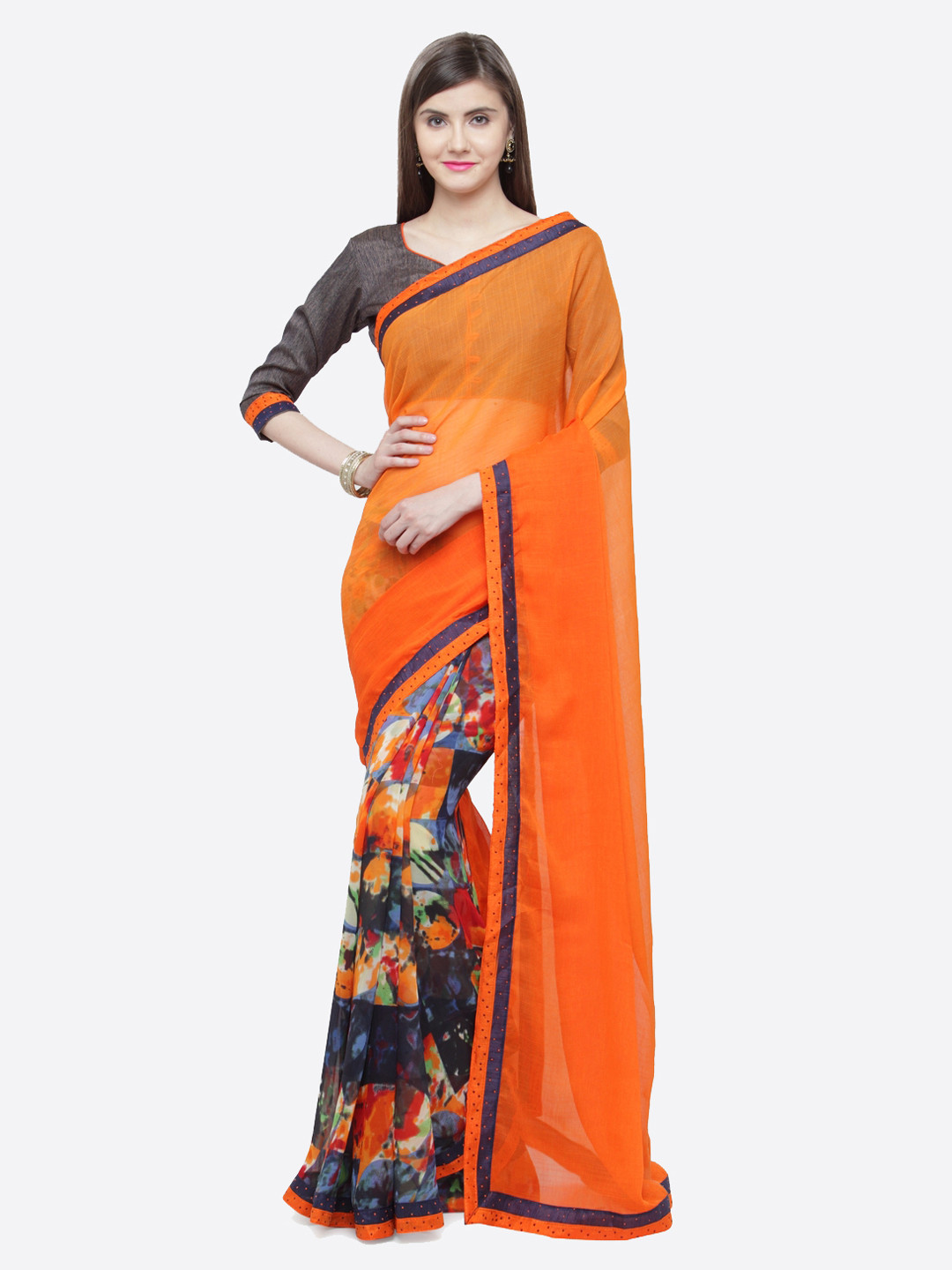 

Shaily Orange & Blue Pure Georgette Printed Saree
