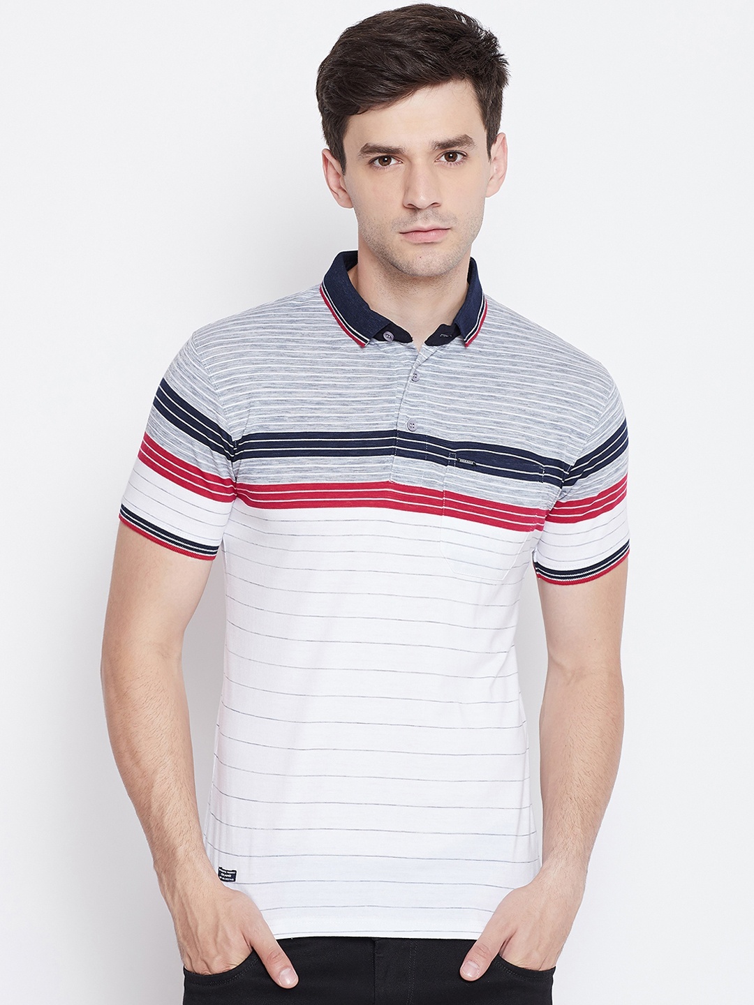 

Okane Men White Striped Polo Collar T-shirt