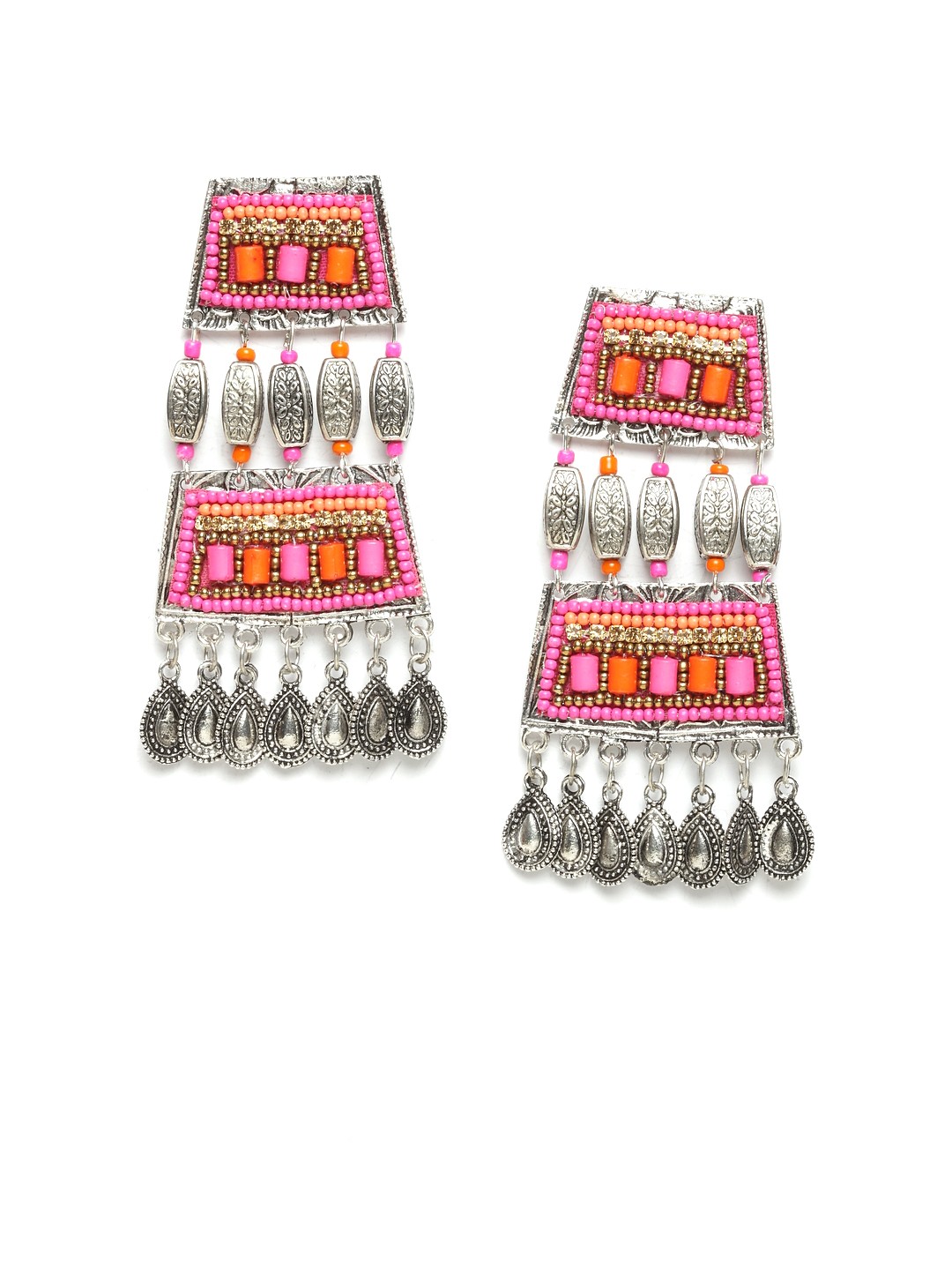 

Moedbuille Pink & Silver-Plated Handcrafted Geometric Drop Earrings