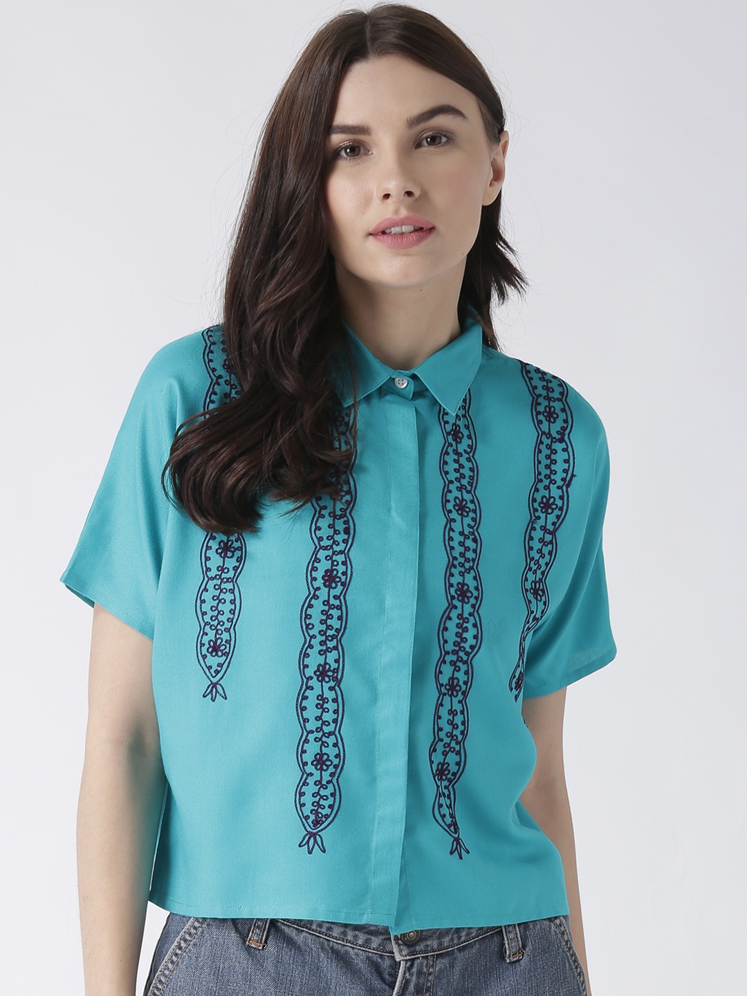 MsFQ Women Teal Blue Regular Fit Embroidered Casual Shirt