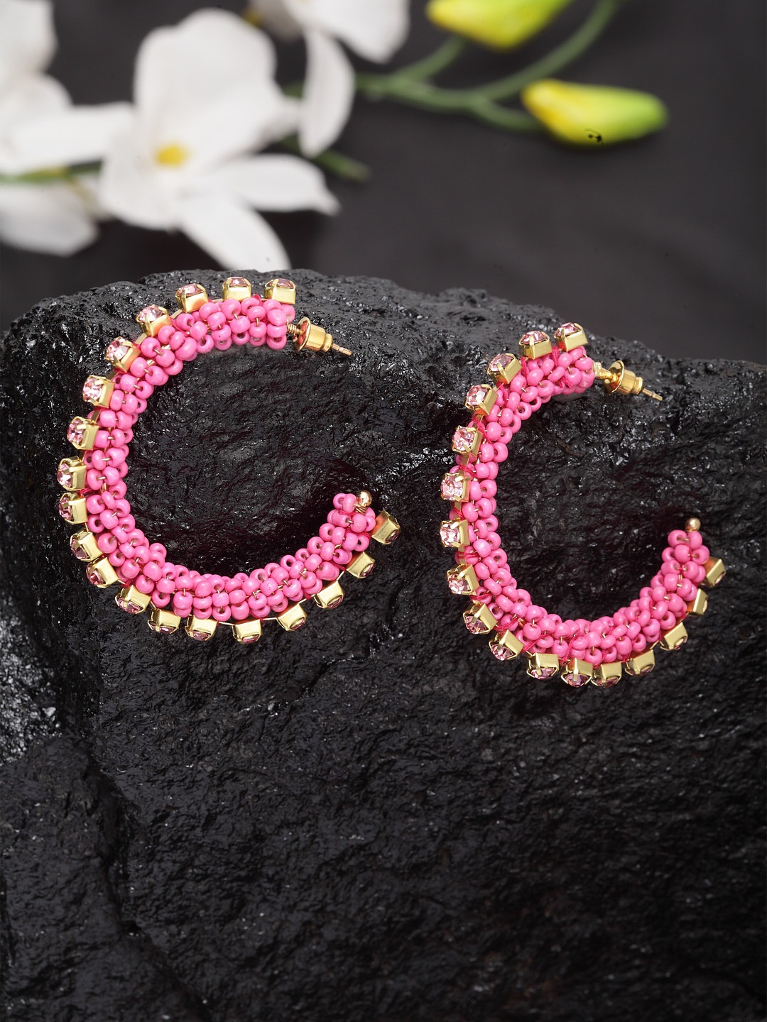 

Moedbuille Gold-Plated & Pink Handcrafted Circular Half Hoop Earrings