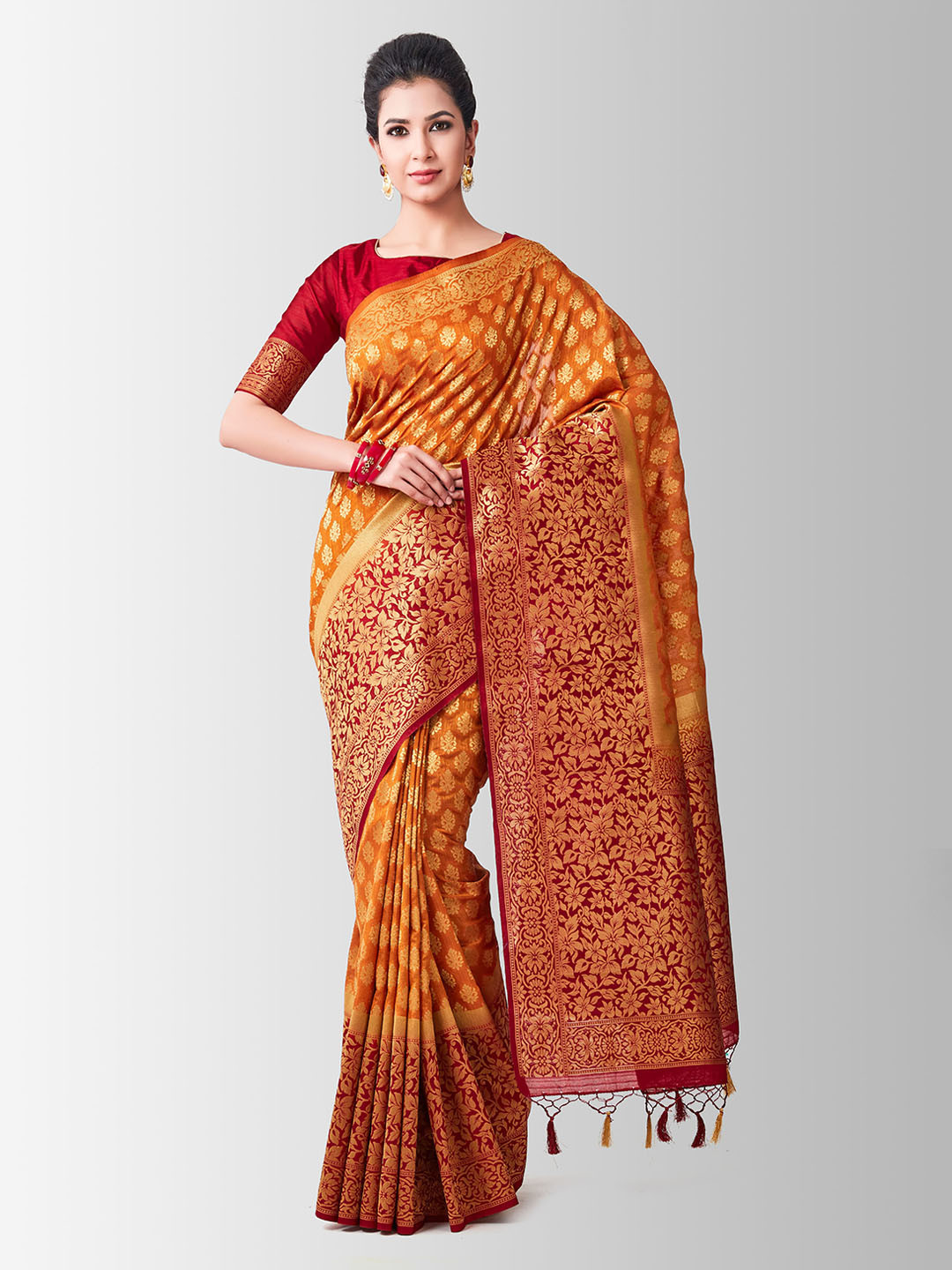 

MIMOSA Orange Art Silk Woven Design Kanjeevaram Saree