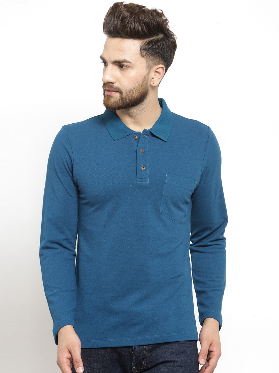 Kalt Men Teal Blue Solid Polo Collar T-shirt
