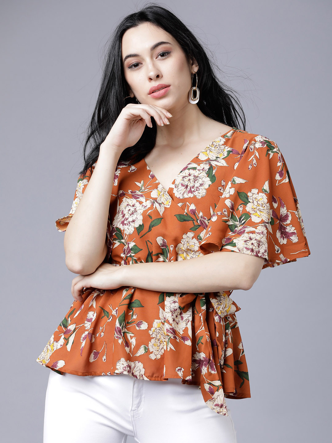 

Tokyo Talkies Women Rust Brown Printed Wrap Top
