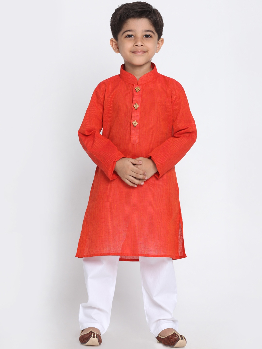 

JBN Creation Boys Orange & White Striped Cotton Kurta with Churidar