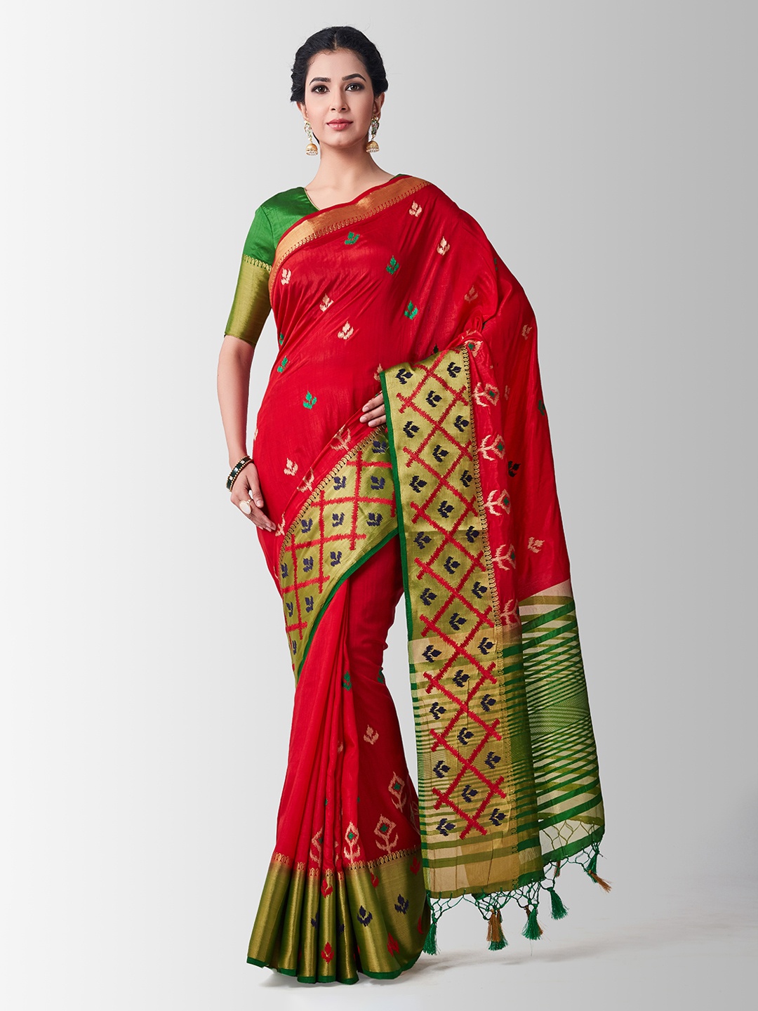 

MIMOSA Red & Green Art Silk Woven Design Kanjeevaram Saree