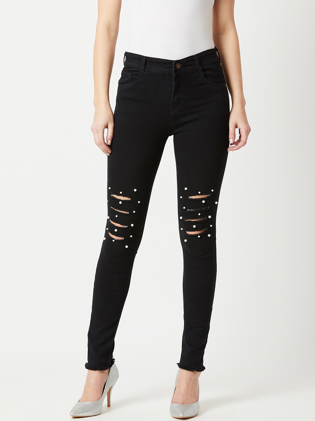 

Miss Chase Women Black Slim Fit High-Rise Mildly Distressed Jeans