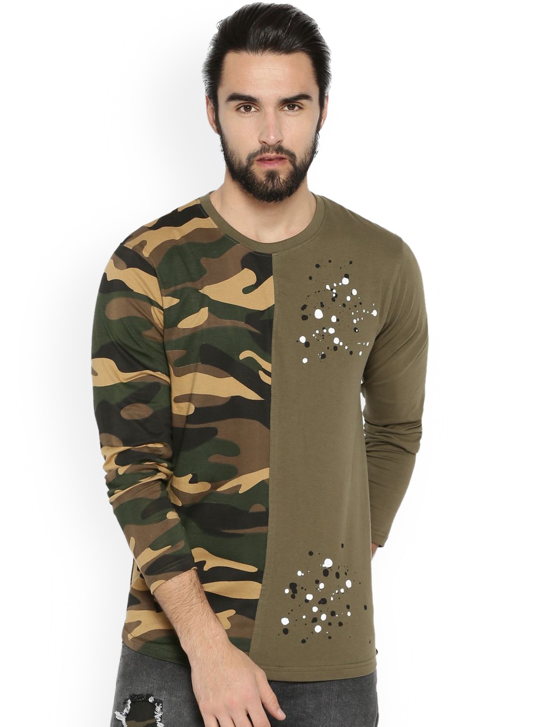 

Campus Sutra Men Beige & Olive Green Printed Round Neck T-shirt