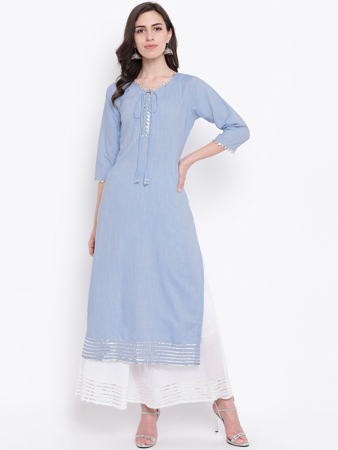 Kvsfab Women Blue & White Solid Kurta with Skirt
