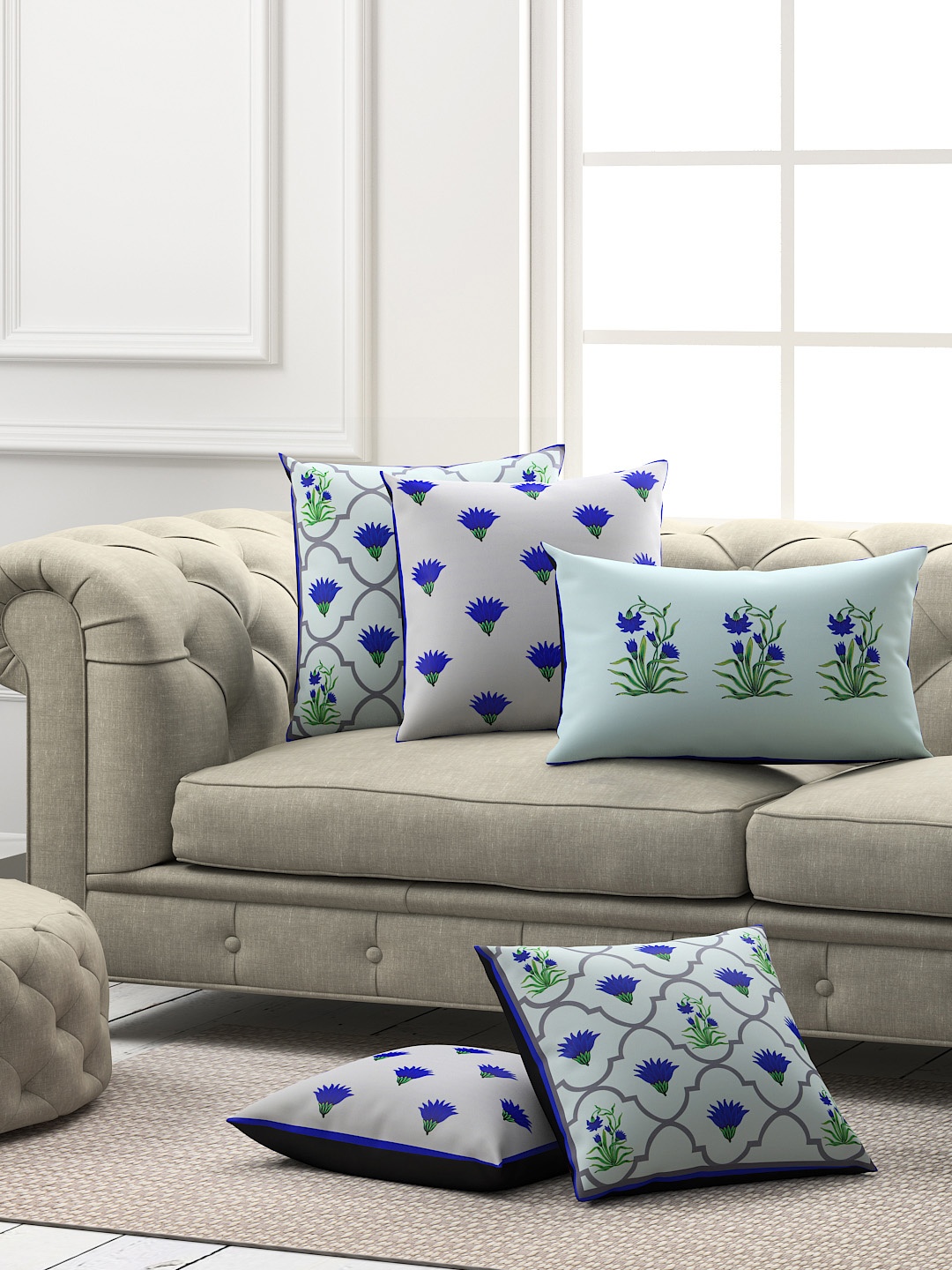 SEJ by Nisha Gupta Blue Set of 5 Floral Square Cushion Covers