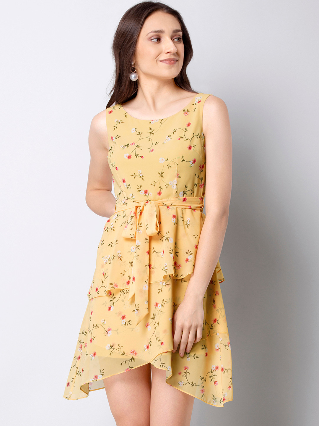 

FabAlley Women Yellow Printed Fit and Flare Dress
