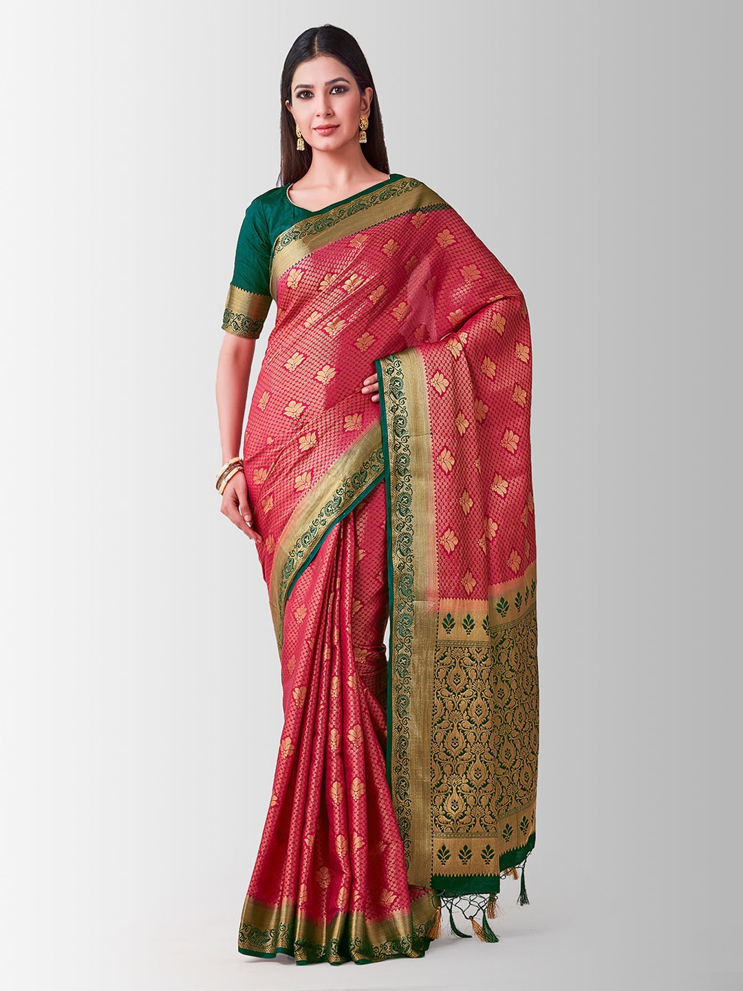 

MIMOSA Pink & Gold-Toned Art Silk Woven Design Kanjeevaram Saree
