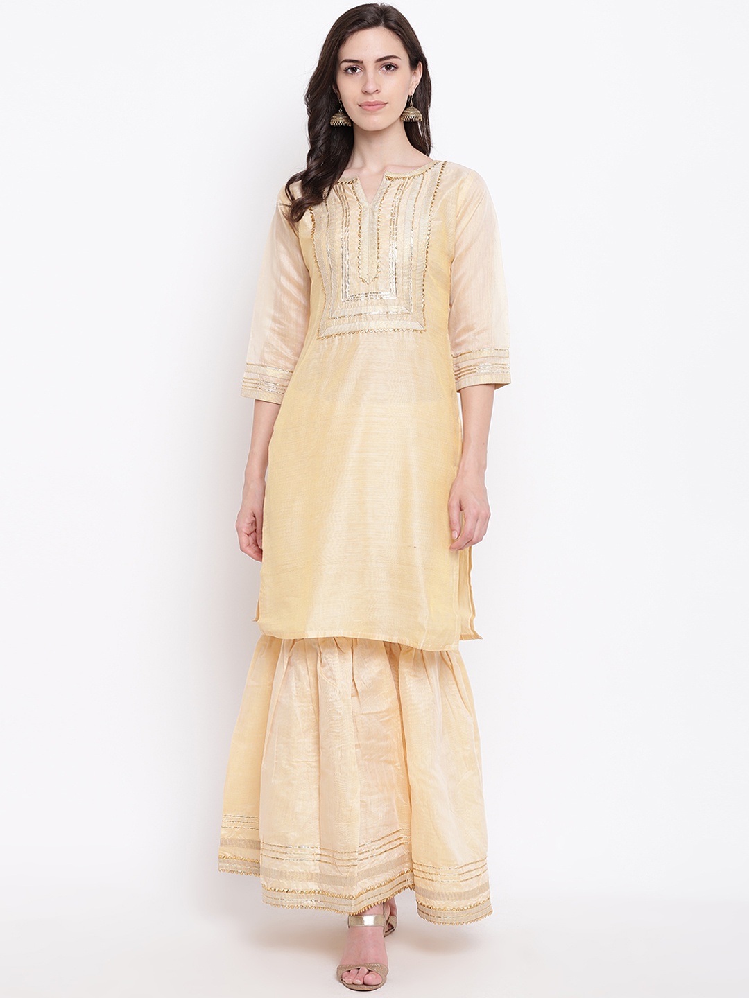 

Kvsfab Women Beige Self Design Kurta with Sharara
