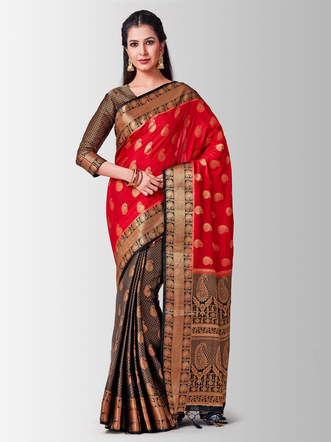 

MIMOSA Red & Black Art Silk Woven Design Kanjeevaram Saree