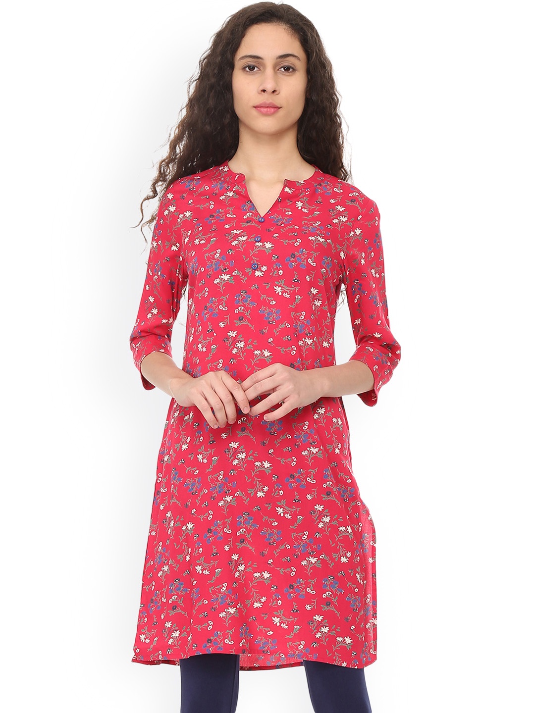 

People Women Pink & Blue Printed Straight Kurta
