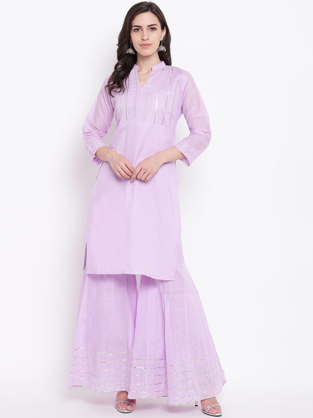 Kvsfab Women Lavender Striped Kurta with Sharara