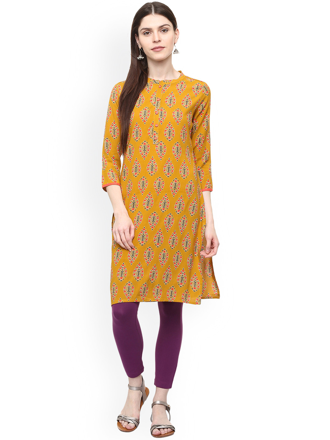 

People Women Yellow & Pink Printed Straight Kurta
