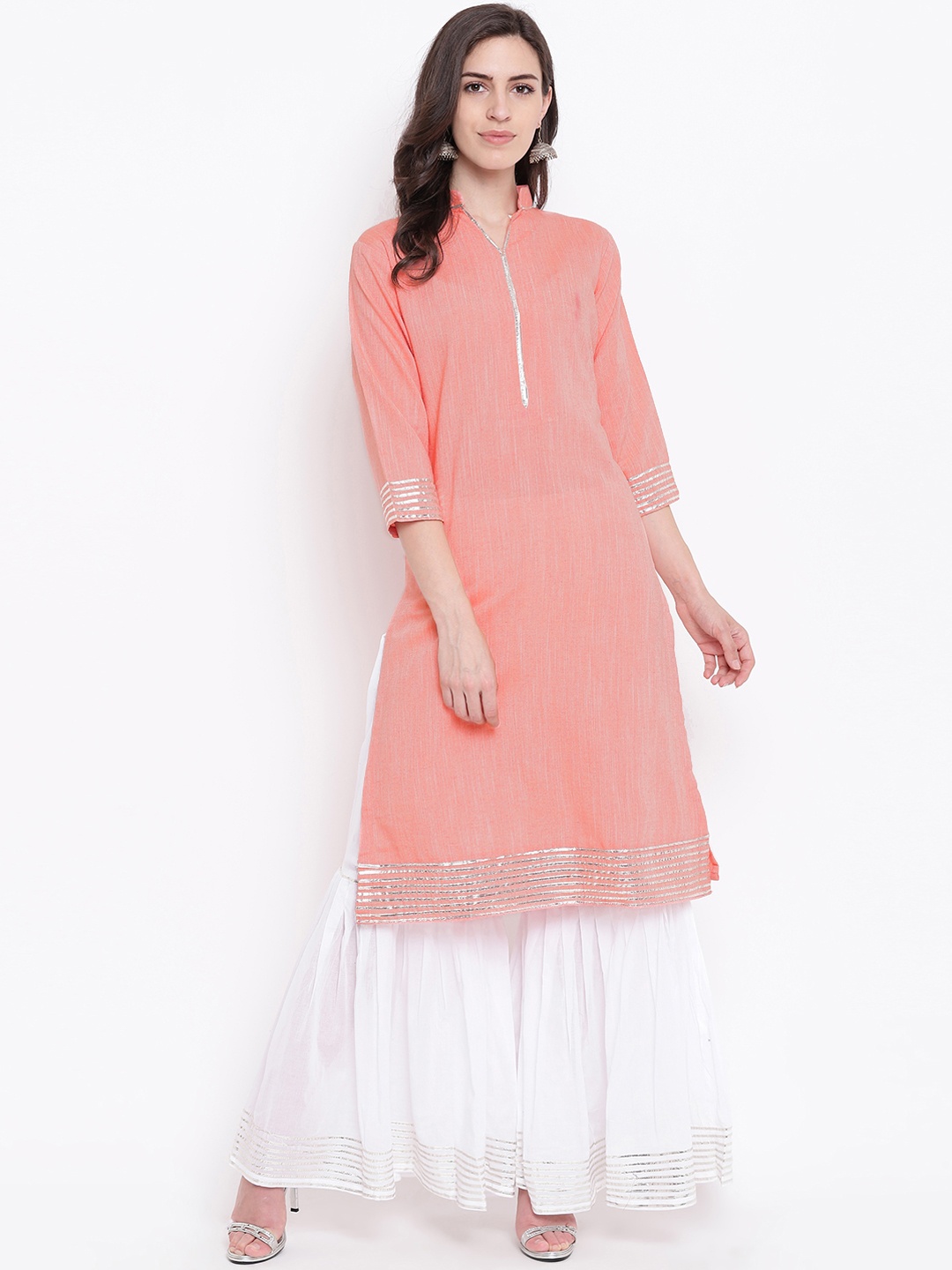 

Kvsfab Women Peach-Coloured & White Self Design Kurta with Sharara
