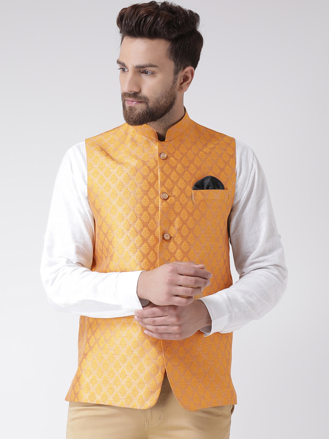 

Hangup Men Mustard Yellow Woven Design Linen Nehru Jacket