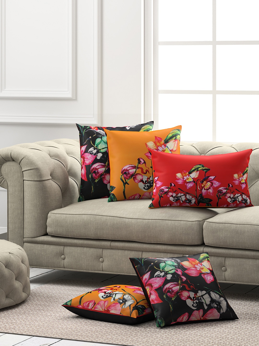 

SEJ by Nisha Gupta Multicoloured Set of 5 Floral Square Cushion Covers, Red