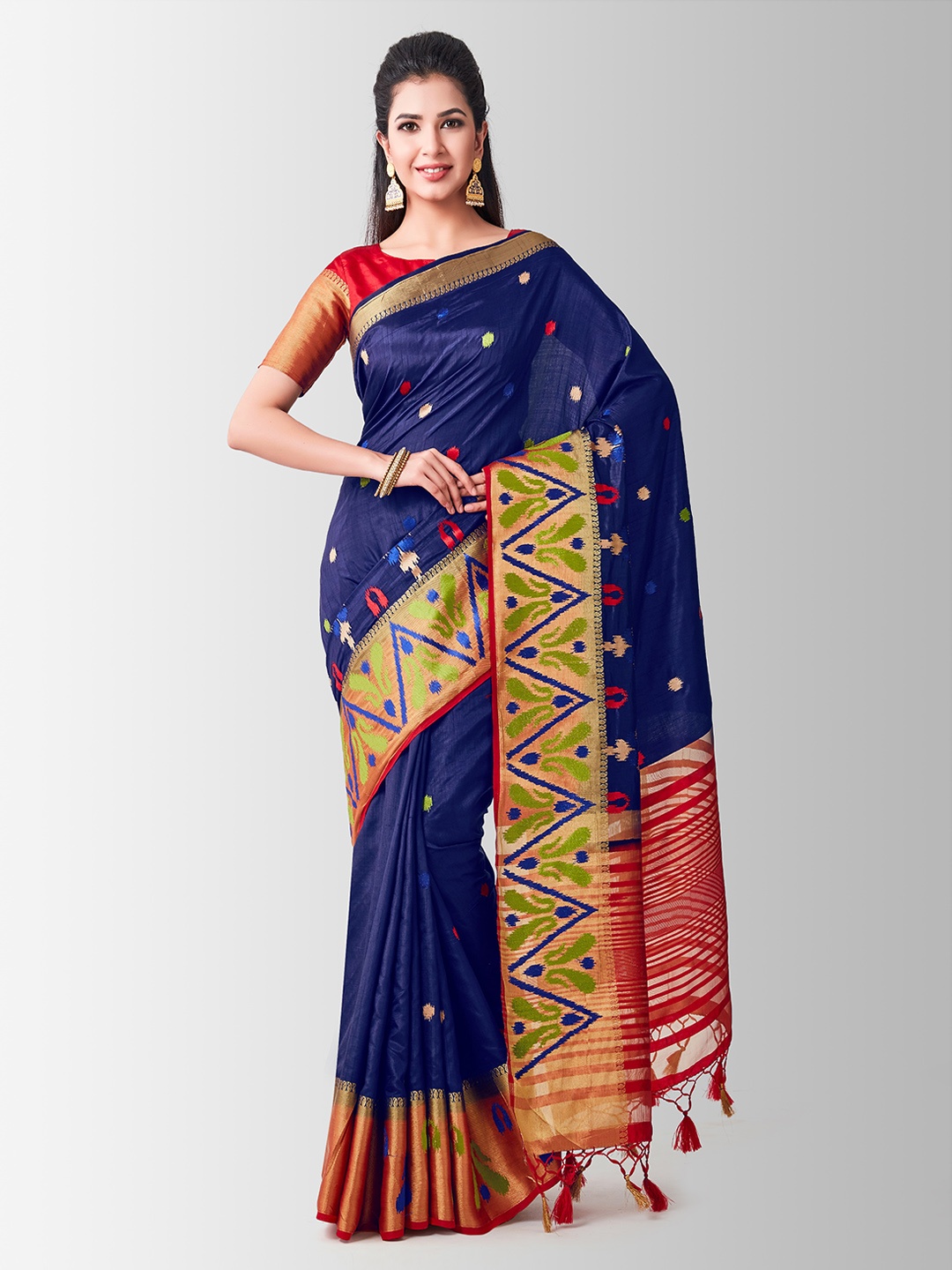 

MIMOSA Navy Blue & Red Art Silk Woven Design Kanjeevaram Saree