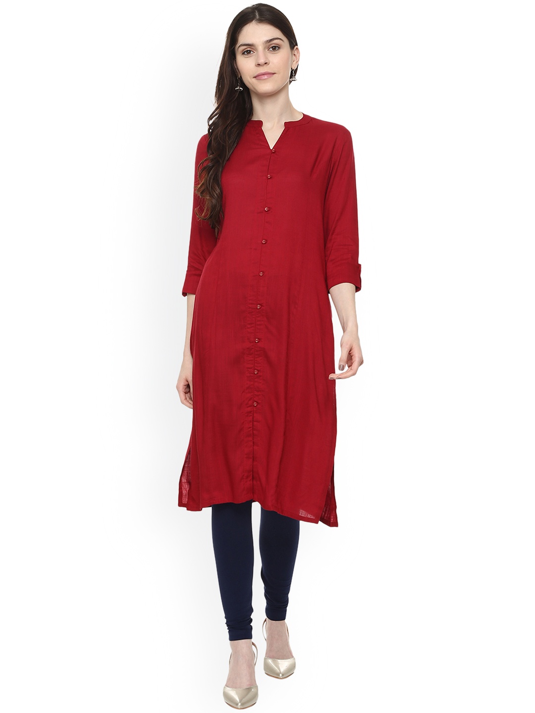 

People Women Maroon Solid Straight Kurta