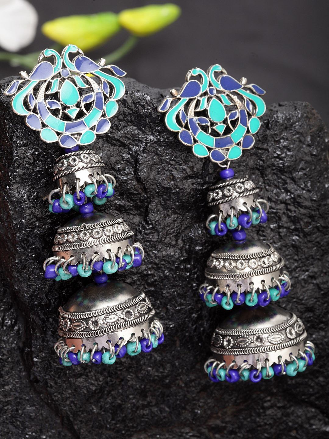 

Moedbuille Women Turquoise Blue & Silver-Plated Dome Shaped Jhumkas