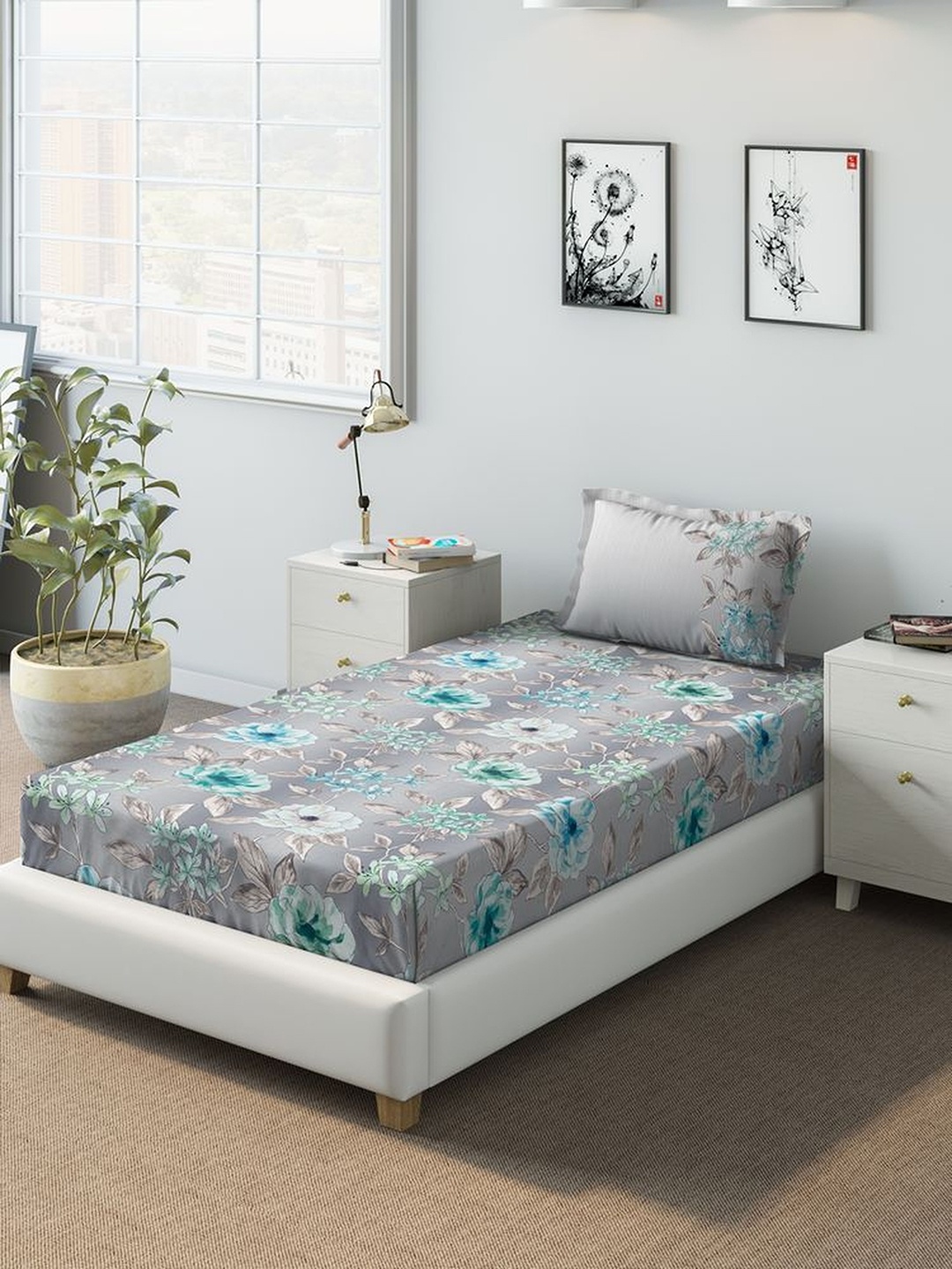 

DDecor Blue Floral 140 TC Cotton 1 Single Bedsheet with 1 Pillow Covers