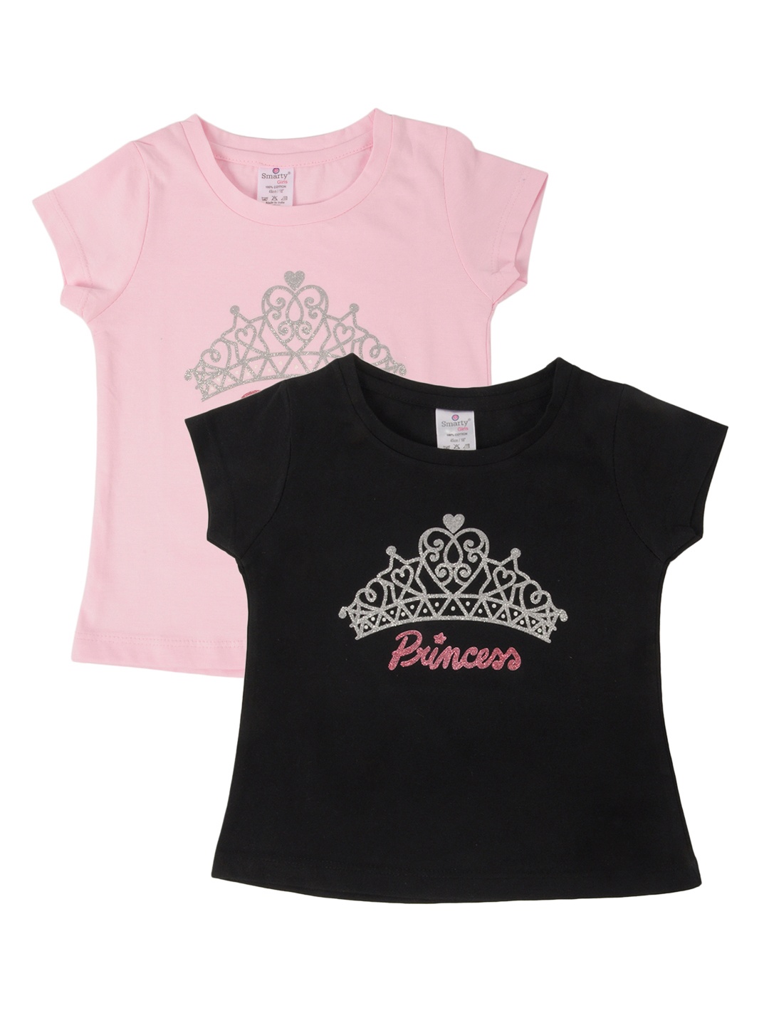 

Smarty Girls Pack Of 2 Printed Round Neck Pure Cotton T-shirt, Pink
