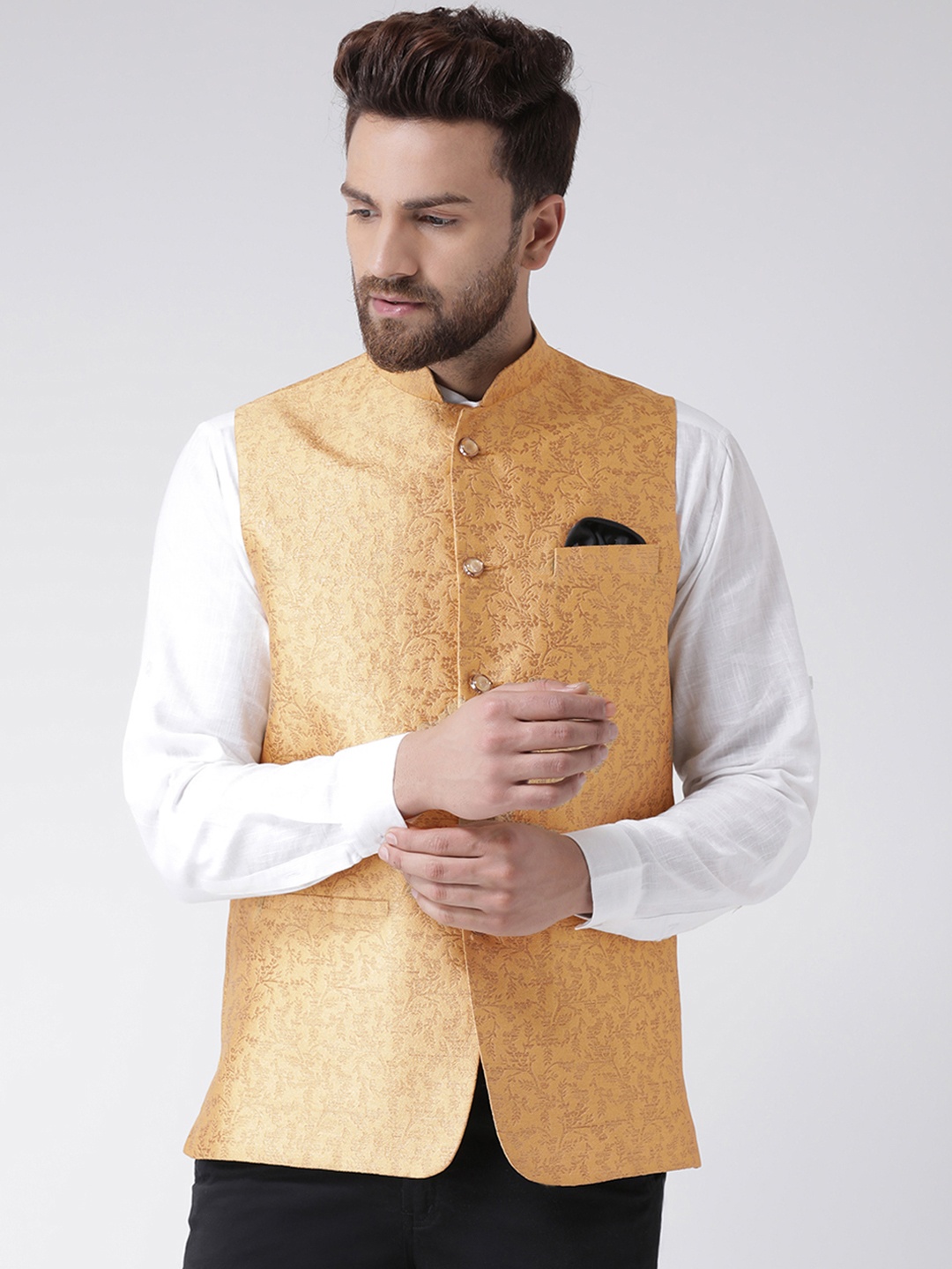 

Hangup Men Brown Woven Design Linen Nehru Jacket
