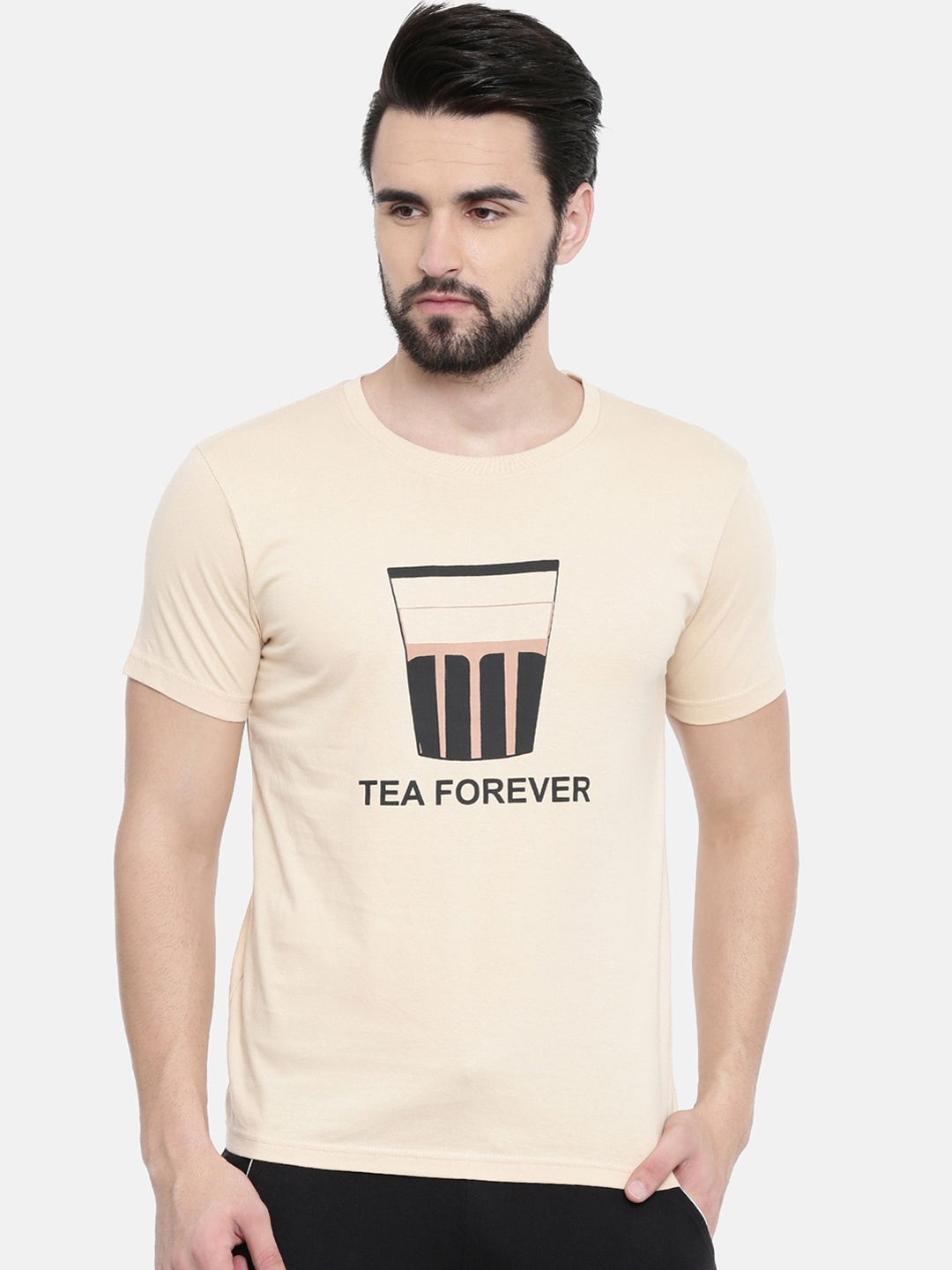 

Bushirt Men Beige Printed Round Neck Pure Cotton T-shirt