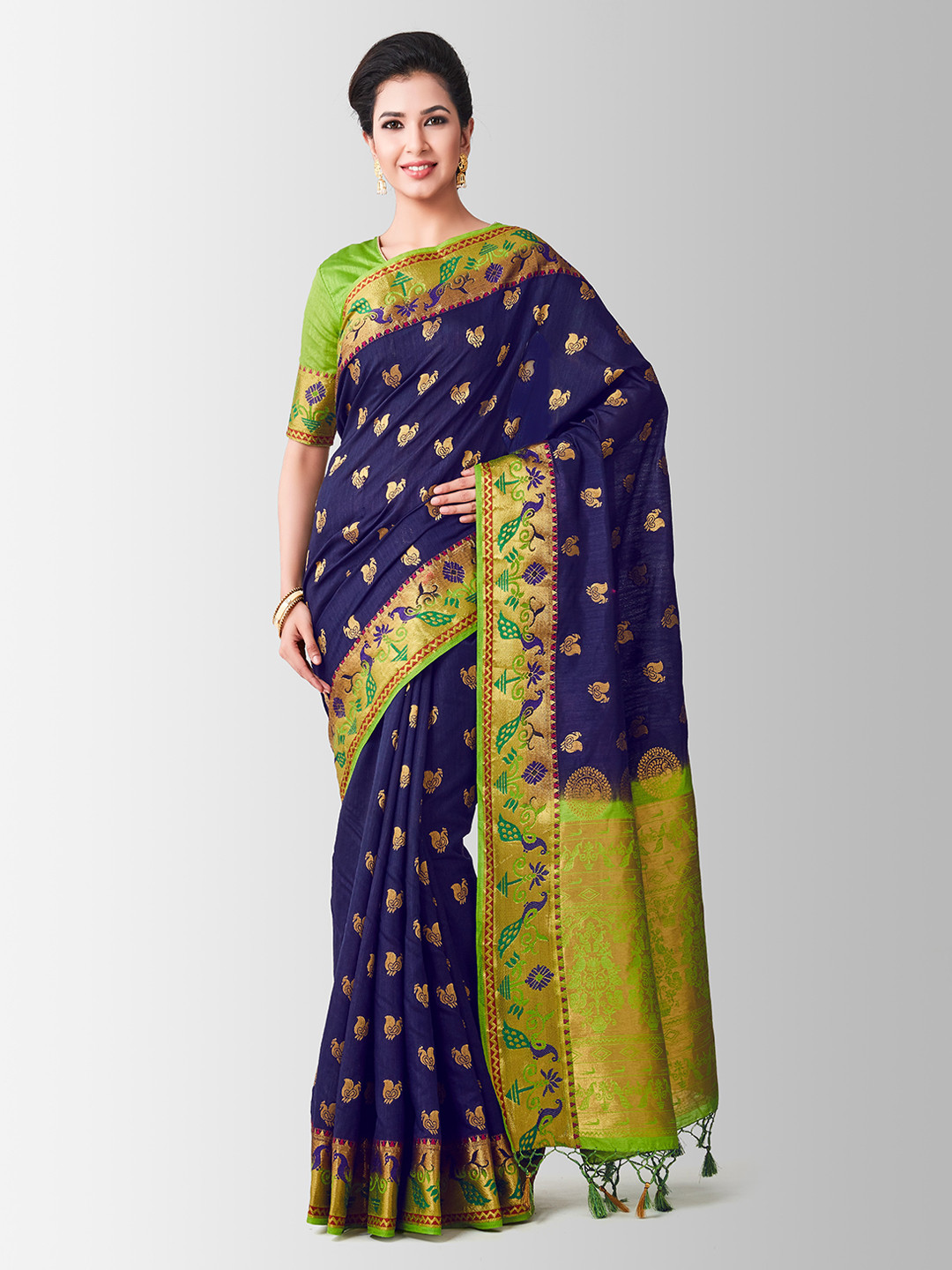 

MIMOSA Navy Blue & Green Art Silk Woven Design Kanjeevaram Saree