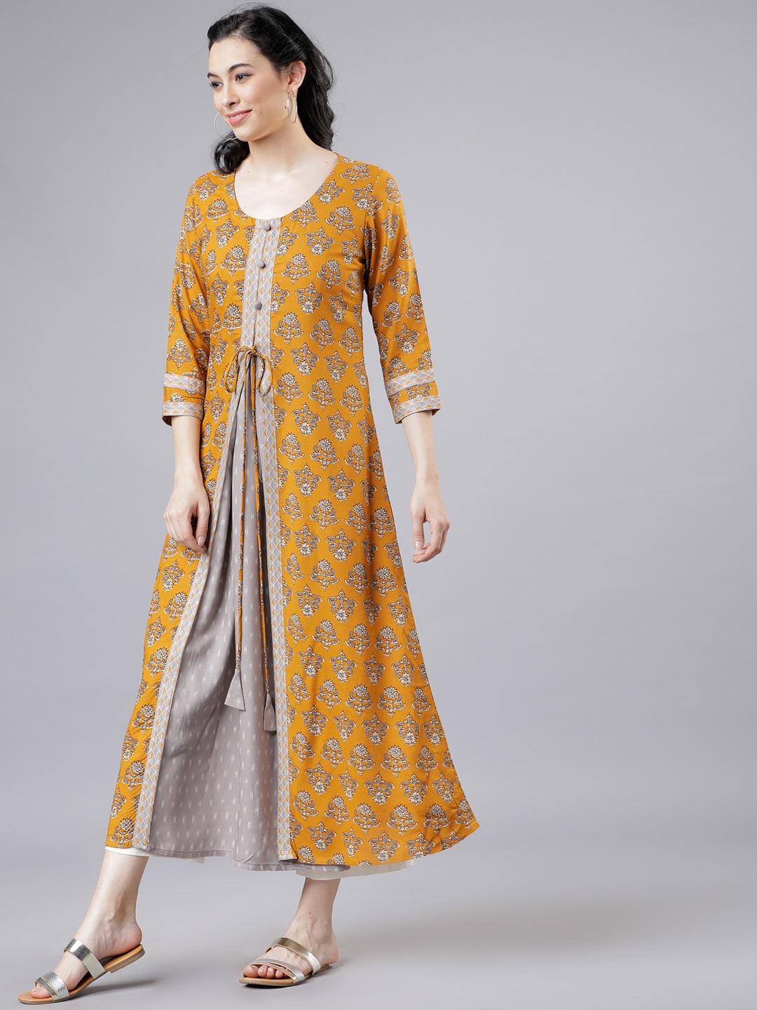 

Vishudh Women Mustard Yellow Printed A-Line Kurta