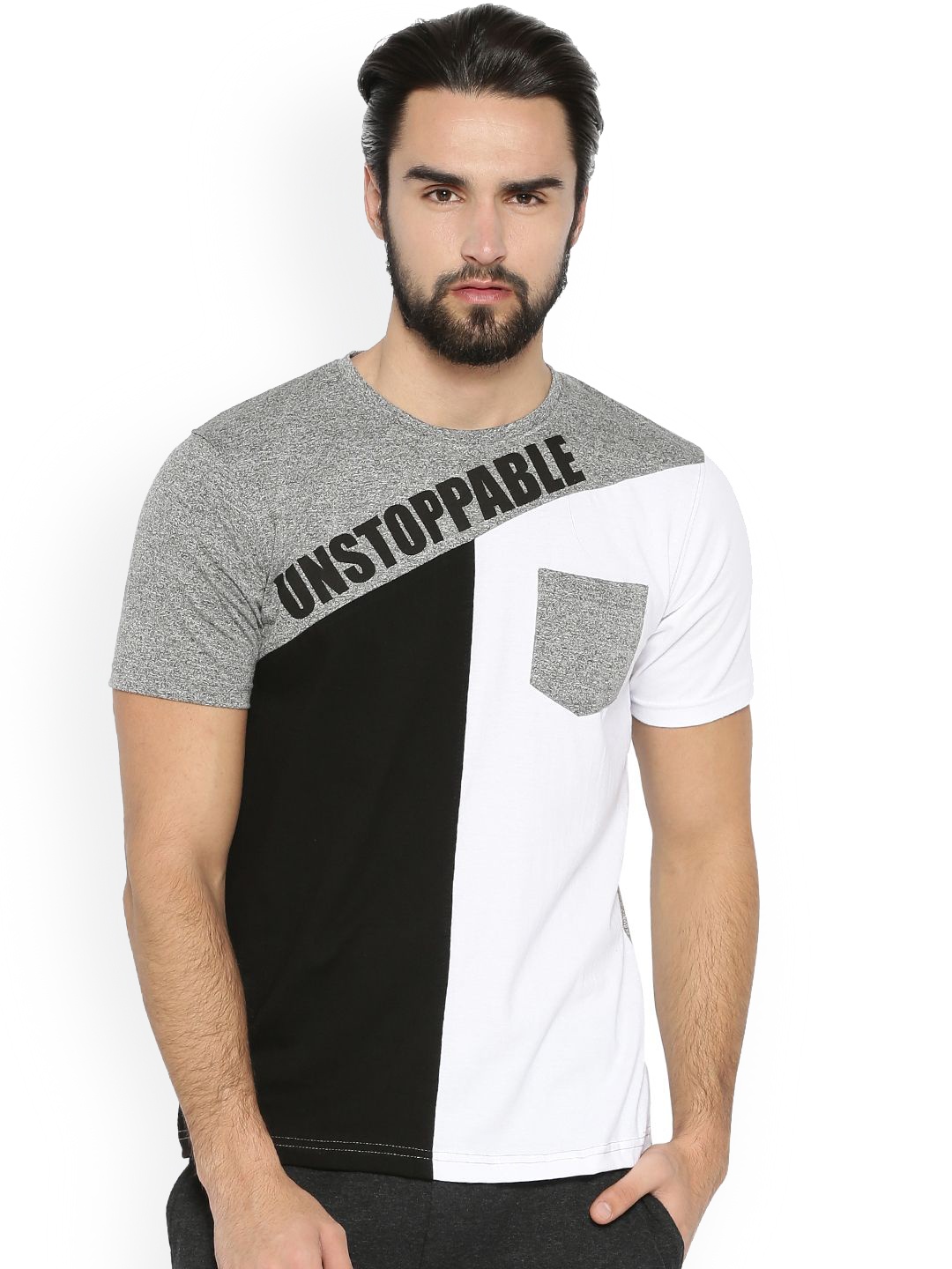 

Campus Sutra Men Grey & Black Colourblocked Round Neck T-shirt
