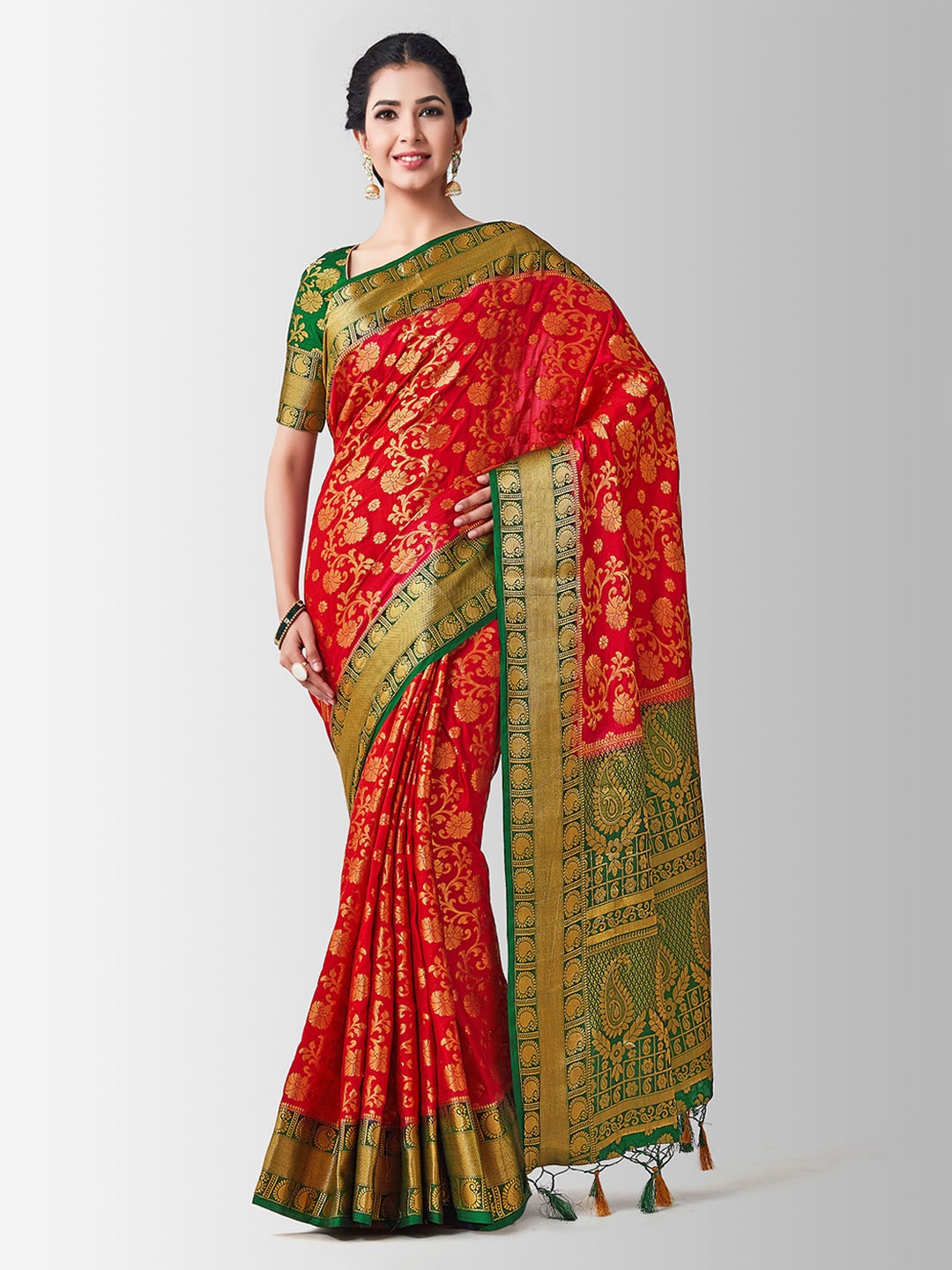 

MIMOSA Red & Green Art Silk Woven Design Kanjeevaram Saree