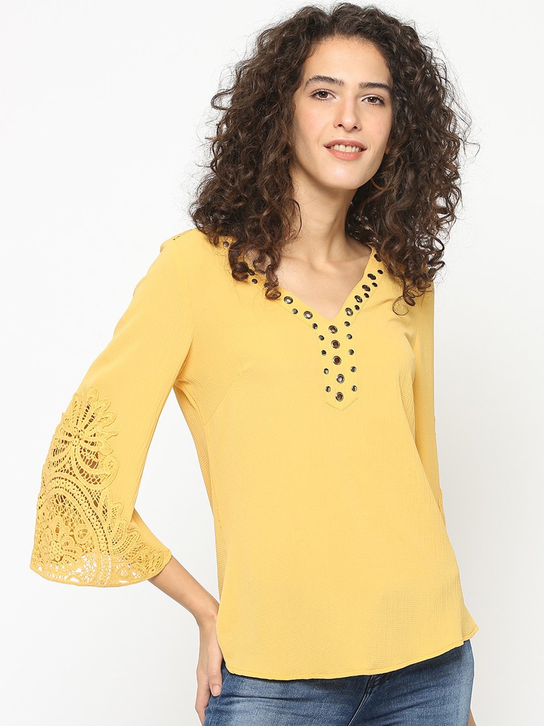 

Gipsy Women Yellow Solid A-Line Top