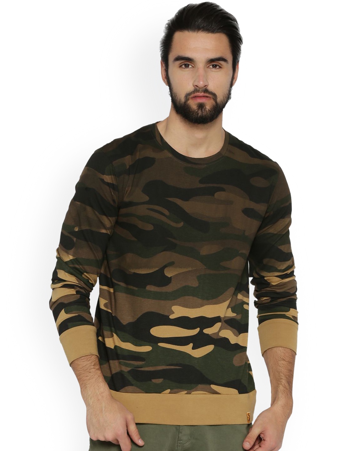Campus Sutra Men Beige & Olive Green Printed Round Neck T-shirt